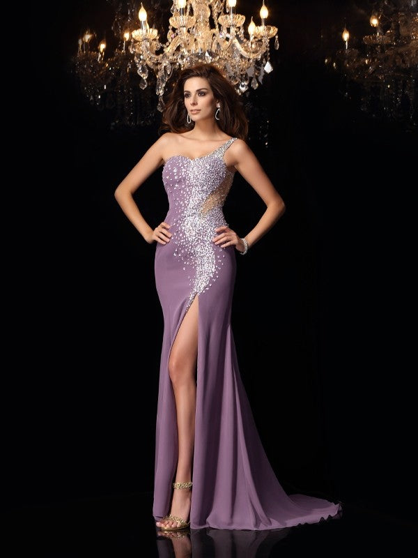 Vestidos largos de gasa sin mangas con un solo hombro y diamantes de imitación